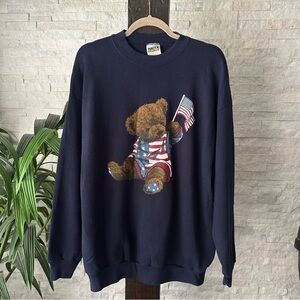 Tultex Navy Blue Vintage Patriotic Teddy Bear American USA Flag Sweatshirt XL